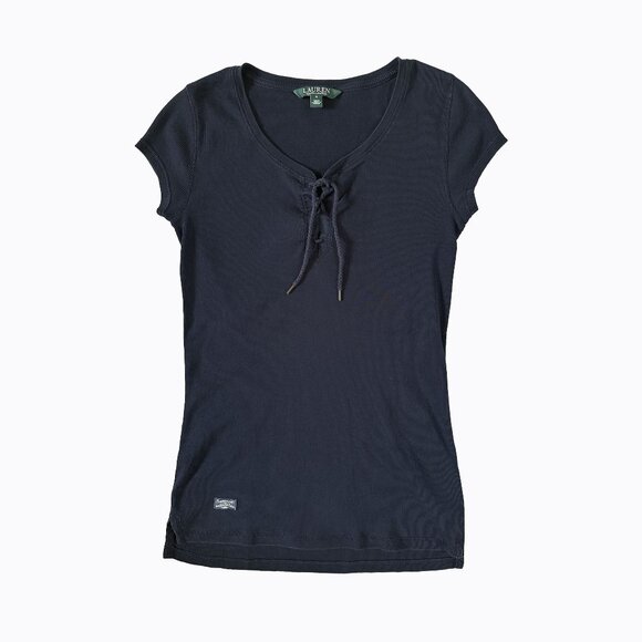 Lauren Ralph Lauren Capri Navy Top SzS Cotton V-Neck Cap Sleeve Y2K Casual Elena - Picture 1 of 6